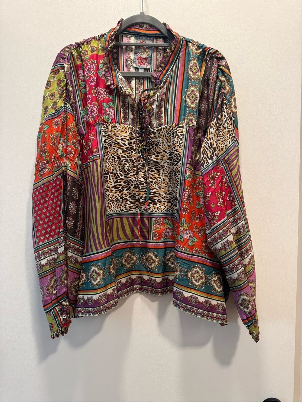 Johnny Was Multicolor Striped Floral Tie-Front Blouse 100% silk